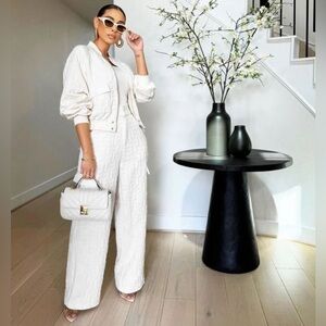 Textured Bomber Jacket and Pant Set in Cream